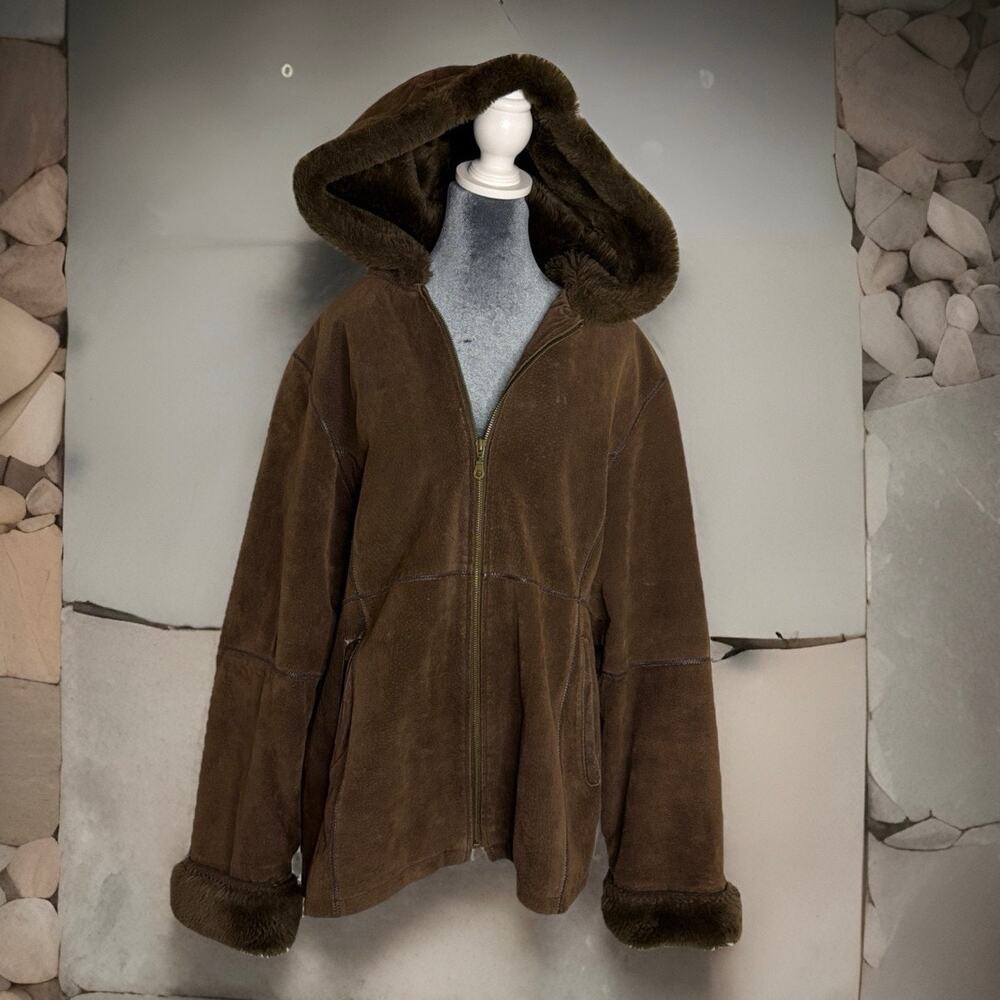 New York Classics Brown Faux Fur Leather Suede Hooded Vintage Coat Women’s XL
